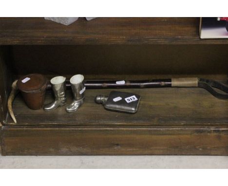 Hunting Crop with Horn Handle and Copper Band, Silver Plated Hip Flask, Cased Set of Stirrup Cups and a Pair of Silver Plated