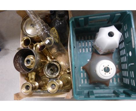 Group of Mixed Stoneware and Glass Bottles plus Various Brass Ware and Two Coloured Glass Light Shades