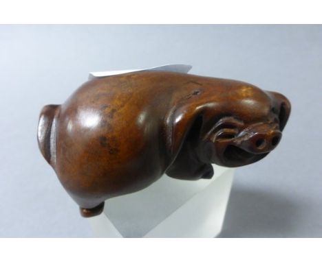 Signed Wood Netsuke of a Laughing Pig