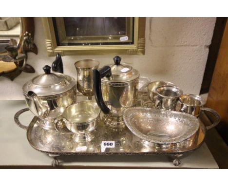 Group of Silver Plate including Gallery Tray, Two Barker Ellis Sweet Dishes, Viner's Teapot, Water Jug, Milk & Sugar plus Sma