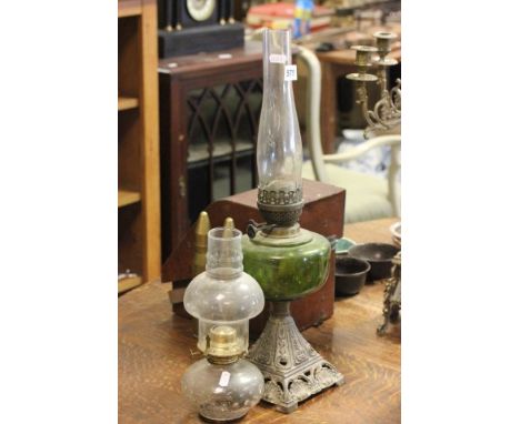 Victorian Oil Lamp with Green Glass Well plus another small Oil Lamp, 1930's Blue Glass Dressing Table Set and Boxed Child's 