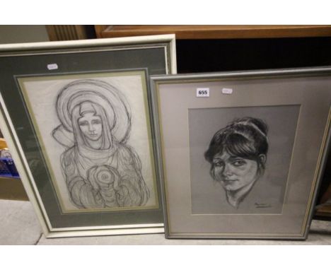 Mary Fairclough Pencil Portrait 'Goddess of the Sea' 1937 plus Framed Charcoal Portrait of Young Lady, signed Baron London '8