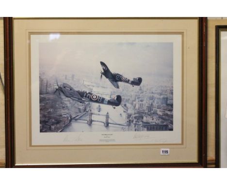 Framed & Glazed Robert Taylor 'Victory Salute' print signed in pencil by R.R. Stanford-Tuck, Alan Deere and one other (27'' x