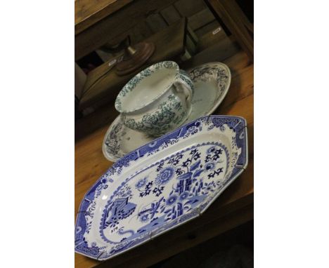 Victorian Spode Blue and White 'Grasshopper' Pattern Meat Plate together with another Meat Plate and a Chamber Pot