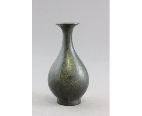 Chinese Bronze Bottle Vase with etched decoration depicting fishermen 