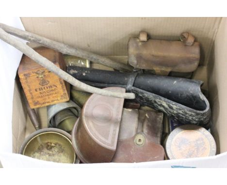 Leather Gun Holster, Leather Cased Hip Flask and Sandwich Container, Various Advertising Tins, Brass Ware, etc