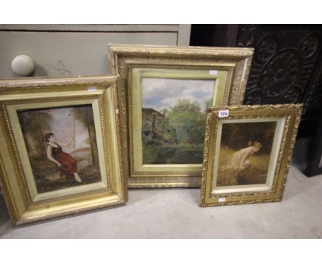 Oil on Board Painting of Girl dressed as Nymph, similar portrait of girl on swing and one other painting