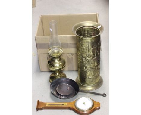 Brass Stick Stand, Brass Oil Lamp, Barometer made from Copper Pan and another Barometer