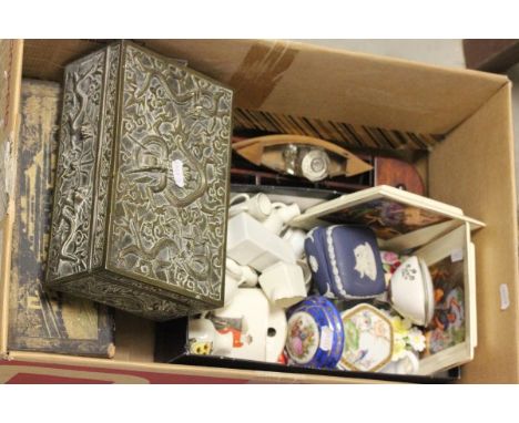 Quantity of Crested China plus Boat Inkwell, Brass Oriental Box, Trinket Boxes, Singed Print of Queen Elizabeth II, Two Staff