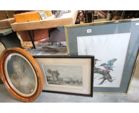Fine Art Print of Kingfishers, Oval Framed Portrait of a Lady and Lithograph of Bristol (part of a series depicting building 