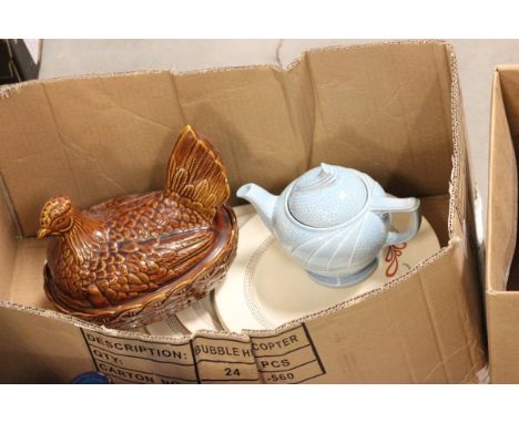 Box of Mixed Coloured Glass including Bottles, Dressing Table Set together with Box of Mixed Ceramics including Royal Doulton