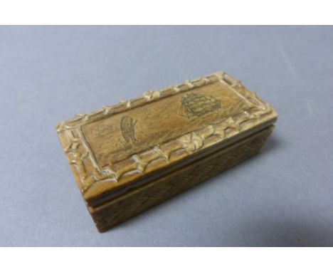Treen Snuff Box the lid etched with a whale and whaling ship