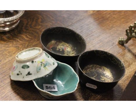 Pair of Chinese Lacquered Bowls, each decorated with Gilt Dragons together with Pair Chinese Ceramic Bowls