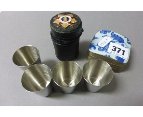 Set of Four Tot Beakers in case with enamelled Russian Badge to top together with Enamel Floral Decoration Decorated White Me