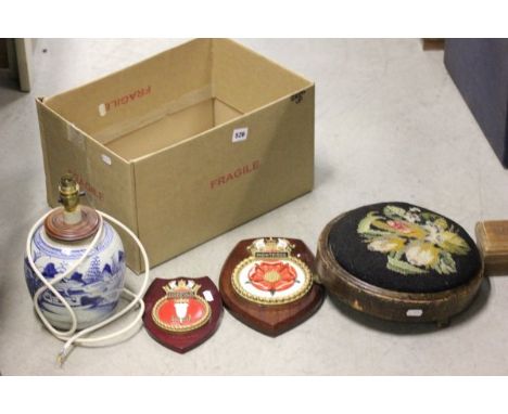 Chinese Blue and White Ginger Jar converted to a Lamp together with a Two Wooden Naval Crest Plaques and a Victorian Circular
