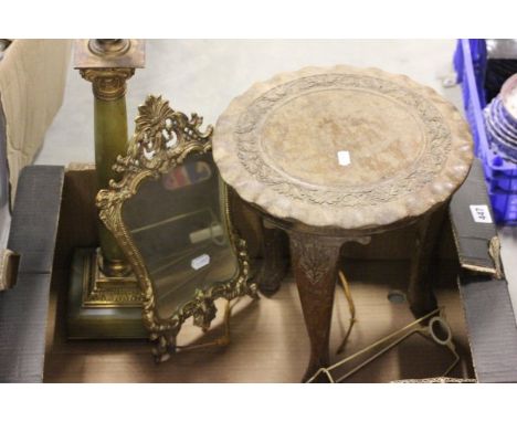 Small Gilt Framed Mirror, Onyx and Gilt Table Lamp, Hardwood Side Table and an Oil on Canvas Lake Scene