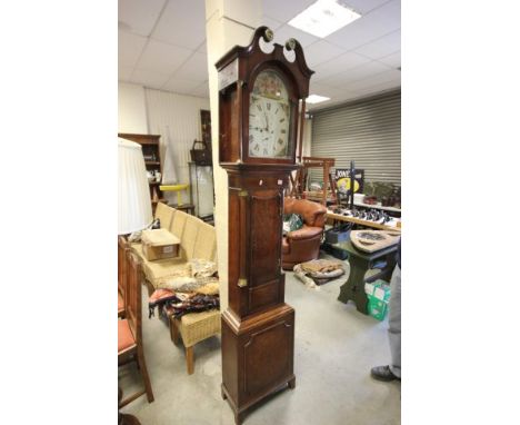 19th century Oak Longcase Clock, white enamel floral painted face with seconds and date aperture 