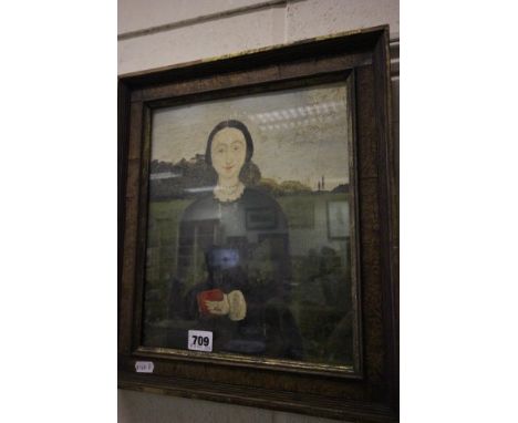 Oil on Panel Portrait of a Woman holding a Book, signed