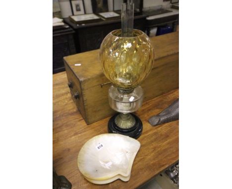 Two Mother of Pearl Shell Dishes on Ball Feet together with an Oil Lamp