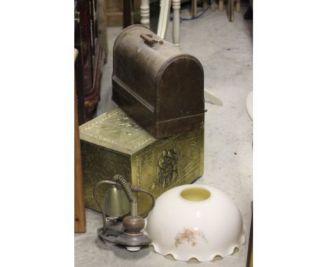 Brass Relief Coal Box, Rise and Fall Lamp and Cased Singer Sewing Machine