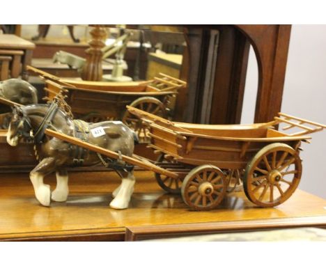 Two Wooden Gypsy Caravans with Ceramic Horses and a Wooden Hay Cart with Ceramic Horse