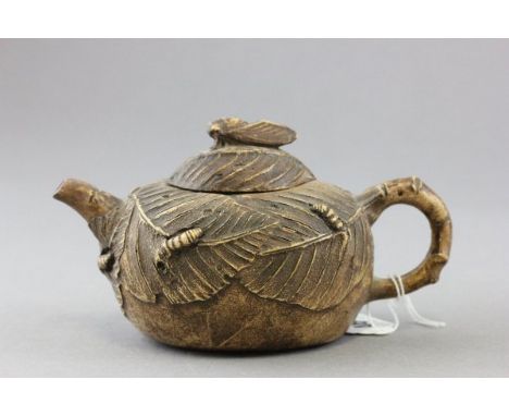 Chinese Yixing Teapot, modelled in the form of leaves and bugs