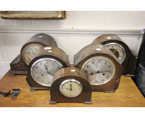 Five 1930's Oak Cased Mantle Clock including Two Smiths, Temco and Ingersoll