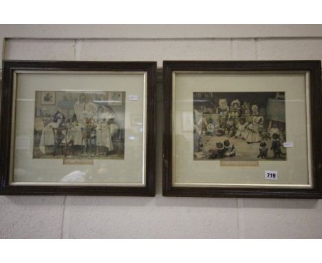 Pair of Oak Framed and Glazed Louis Wain Style Prints 'Tabby's Breakfast Time' and 'Mrs Tabithas Cats Academy'