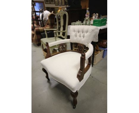 Late Victorian Mahogany Framed Tub Armchair with white button back upholstered back rail and arms and seat