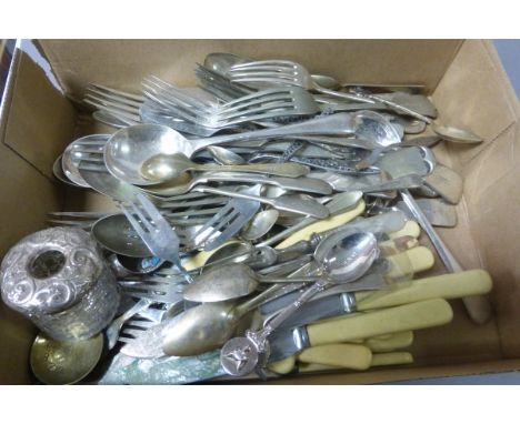 Five Silver Teaspoons and Silver Fork, Silver Top Glass Dressing Jar and a Quantity of Silver Plated and Other Cutlery