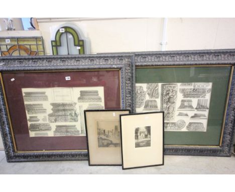Two Large Heavy Framed Architectural Prints together with Two Black and White Etchings