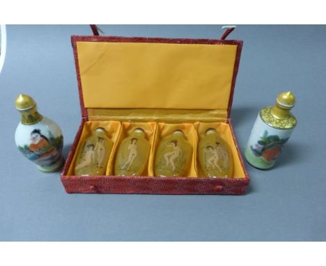Two Ceramic Erotic Scent Bottles and a Cased Set of Four Inside Painted Glass Snuff Bottles
