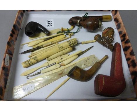 Collection of Ivory & Bone Handled Items including Manicure, Compass, Button Hooks, Cheroot together with Pipes and Pipe Case