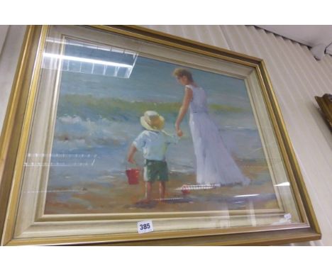 Impressionist Oil Painting Portrait Mother & Child Beach Strolling