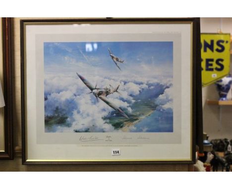 Framed & Glazed Robert Taylor first edition 'Spitfire' print signed in pencil by Douglas Bader and Johnnie Johnson (25 x 21''