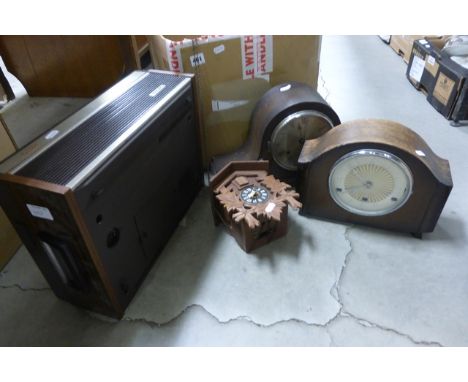 Two Oak Cased Mantle Clocks, Cuckoo Clock and Boxed Stanley No.110 Woodworking Plane
