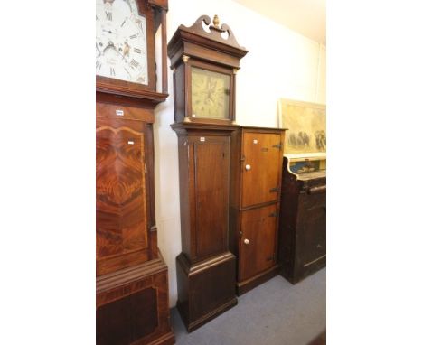 Small Georgian Oak Longcase Clock, with brass face etched with sailing ship and row boat and four oval panels to corner depic