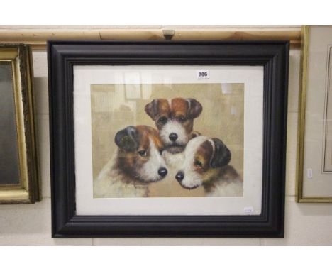 Framed Oil Painting Portrait Study of Three jack Russell Terrier Puppies