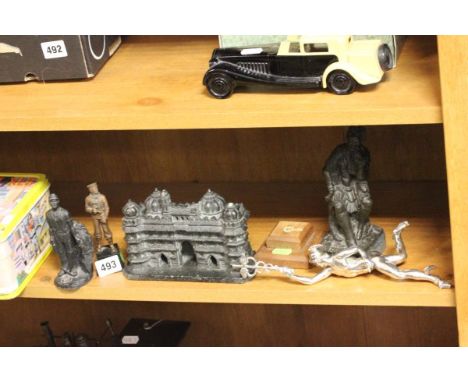 Model of a Naval Sailor, Model of a Coal Miner made from Coal and a Plaque, Slate Model of a Building and Two Other Models