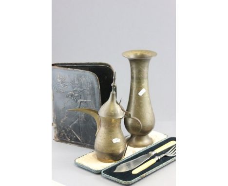 Persian Lidded Jug and Vase, Egyptian Leather Satchell and a Cased Serving Knife & Fork