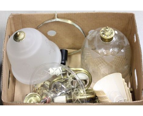 Selection of Light Fittings including Cut Glass Bell Central Light, Two Other Glass Central Light Shades, Pair of Brass Wall 