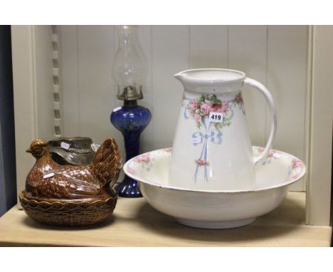Royal Doulton 'The Poacher' Large Character Jug, Portmeirion Chicken Egg Basket, Large Washbowl & Jug plus an Oil Lamp