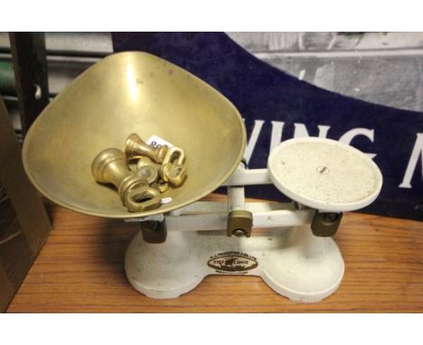 Set of Vintage 'The Viking' Enamelled Scales with Brass & Iron Weights
