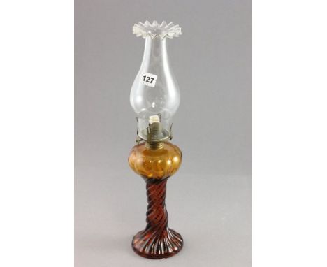 Early 29th century Twisted Amber Glass Oil Lamp with Chimney