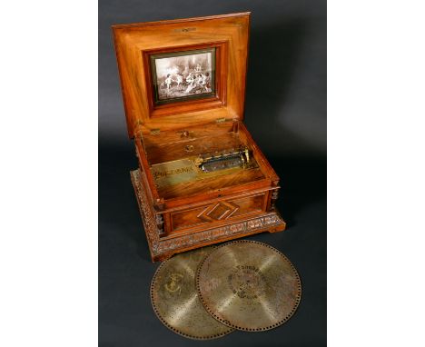 A 19th century walnut and marquetry table-top polyphon, horizontal movement playing steel disks, hinged cover inlaid with flo