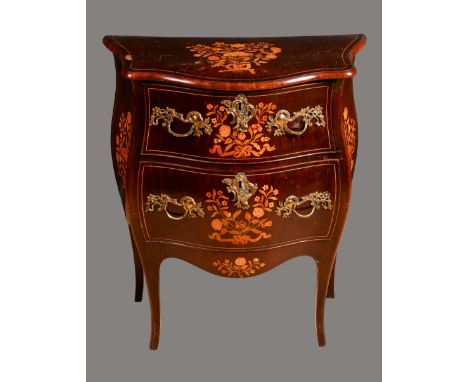 A small 19th century French mahogany and marquetry bombe shaped commode, in the Louis XV Revival taste, oversailing top inlai