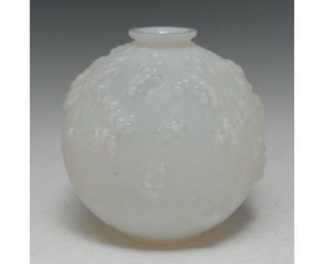 A Lalique Druid to Mistletoe bulbous opaque vase, moulded in relief, 20cm high, engraved mark