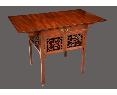 A George III Chinese Chippendale mahogany breakfast Pembroke, rectangular top with fall leaves above a cockbeaded frieze draw