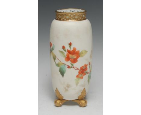 A Graingers Worcester cylindrical vase, pierced neck, printed and painted with flowers on a blush ivory ground, gilt scroll f