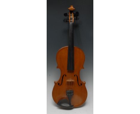 A violin, the two-piece back 36.25cm long excluding button, the interior inscribed in ink manuscript Jacobus Horden restorasi